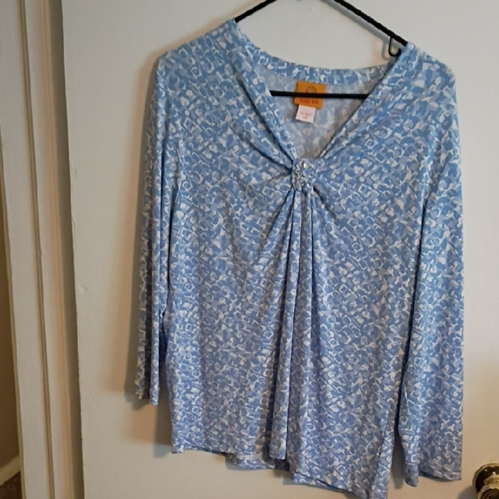 Ruby Rd. Light Blue‎ Patterned Blouse Long Sleeve With Rhinestone Embellishments